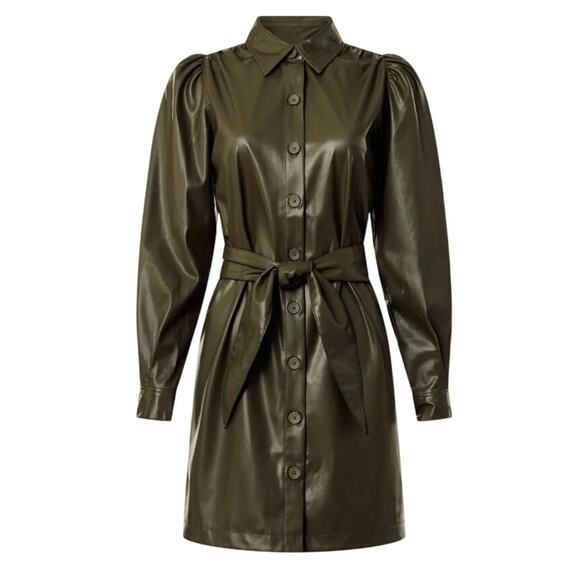 Peter Som Olive Green Faux Leather Mini Shirt Dress SIze 6 Career Designer $355 - Picture 5 of 13